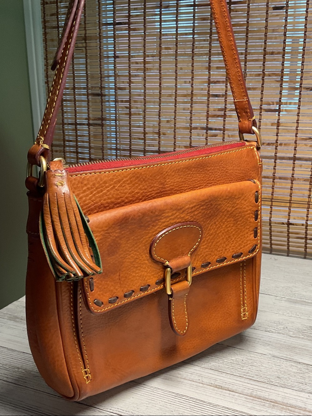 Dooney & Bourke Florentine Tan Brown Leather Buckle Pocket Zipper Crossbody Bag